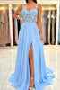 Load image into Gallery viewer, Blue Chiffon A Line Prom Dress with Appliques