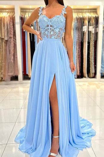 Blue Chiffon A Line Prom Dress with Appliques