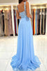 Load image into Gallery viewer, Blue Chiffon A Line Prom Dress with Appliques