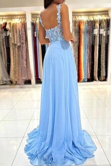 Blue Chiffon A Line Prom Dress with Appliques