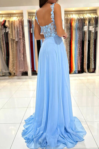 Blue Chiffon A Line Prom Dress with Appliques