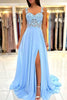 Load image into Gallery viewer, Blue Chiffon A Line Prom Dress with Appliques