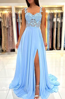 Load image into Gallery viewer, Blue Chiffon A Line Prom Dress with Appliques