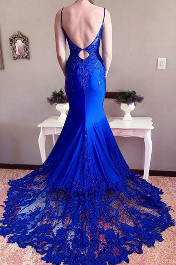 Spaghetti Straps Royal Blue Satin Mermaid Prom Dress with Appliques