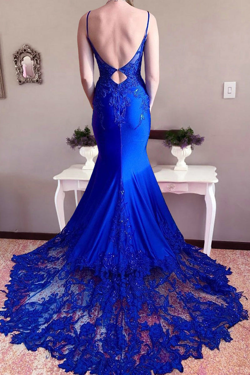 Load image into Gallery viewer, Spaghetti Straps Royal Blue Satin Mermaid Prom Dress with Appliques