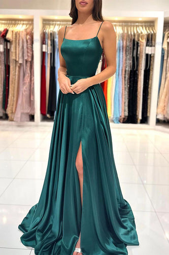 Spaghetti Straps Dark Green Satin Prom Dress with Lace-up Back