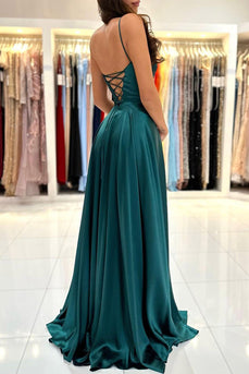 Spaghetti Straps Dark Green Satin Prom Dress with Lace-up Back