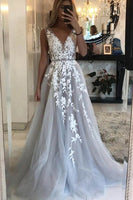 Load image into Gallery viewer, Grey Tulle Backless A Line Prom Dress