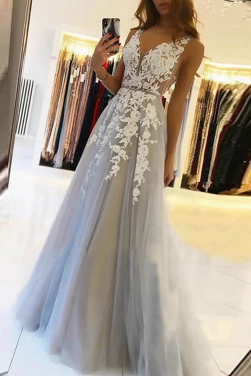 Load image into Gallery viewer, Grey Tulle Backless A Line Prom Dress