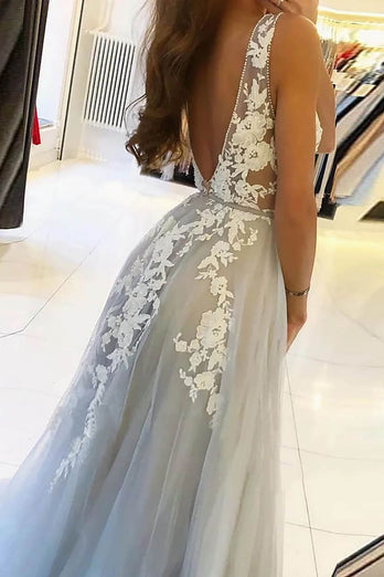 Grey Tulle Backless A Line Prom Dress