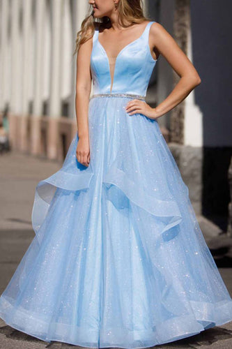 Light Blue A Line Sparkly Prom Dress with Beading