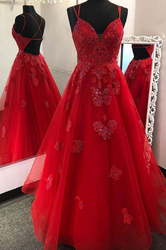 Princess Red A Line Beading Prom Dress with Appliques