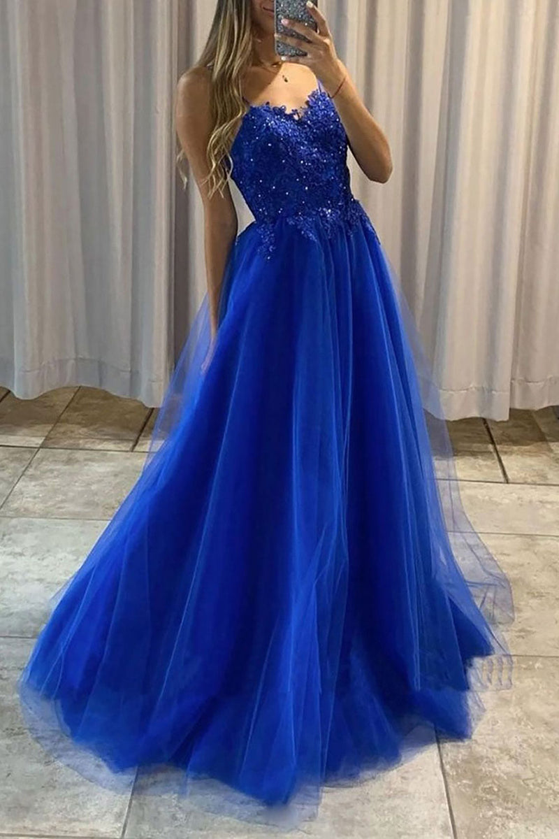 Load image into Gallery viewer, A Line Princess Royal Blue Beading Prom Dress with Appliques