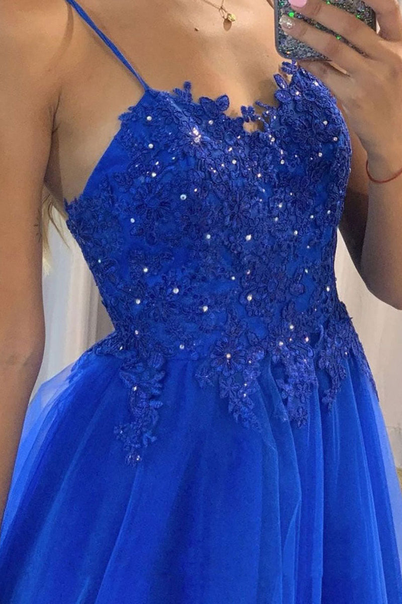 Load image into Gallery viewer, A Line Princess Royal Blue Beading Prom Dress with Appliques