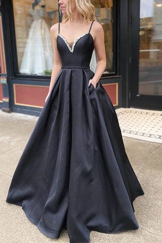 Black A Line Satin Beading Prom Dress with Pockets