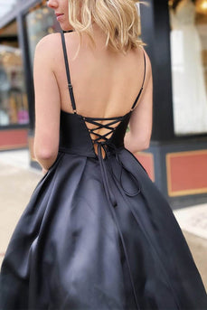 Black A Line Satin Beading Prom Dress with Pockets