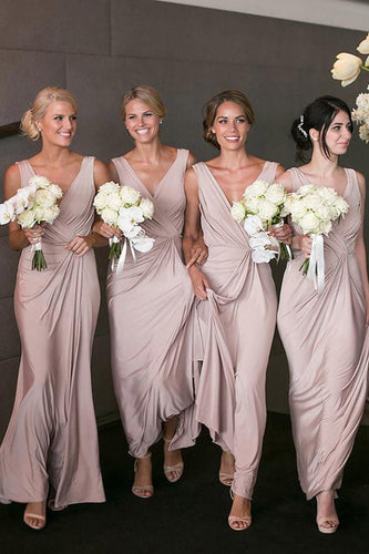 Pink Fitted Spandex Draped Long Bridesmaid Dress with Pleated