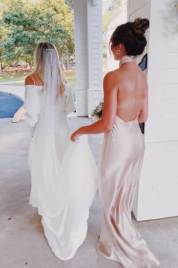 Hellymoon Women Champagne Satin Sheath Long Bridesmaid Dress Halter Backless Wedding Party Dress hellymoonuk