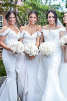 Load image into Gallery viewer, Off The Shoulder Grey Mermaid Long Bridesmaid Dress with Appliques