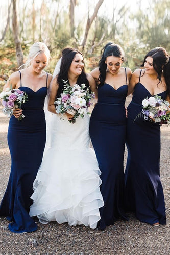 Navy Spaghetti Straps Mermaid Long Bridesmaid Dress