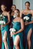 Load image into Gallery viewer, Green Satin Spaghetti Straps Corset Long Bridesmaid Dress with Side Slit