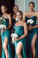 Load image into Gallery viewer, Green Satin Spaghetti Straps Corset Long Bridesmaid Dress with Side Slit