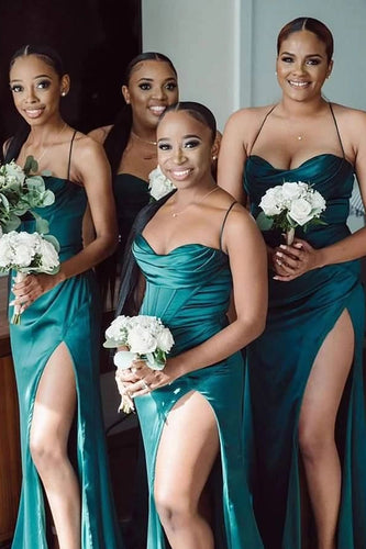 Green Satin Spaghetti Straps Corset Long Bridesmaid Dress with Side Slit