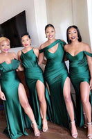 Load image into Gallery viewer, Emerald Green Satin One Shoulder Cutout Long Bridesmaid Dress with Side Slit