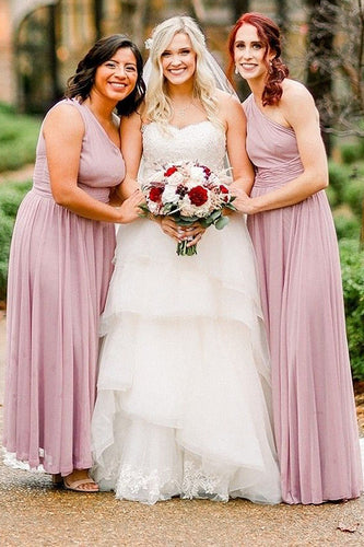 Dusty Rose Chiffon One Shoulder A-Line Long Bridesmaid Dress