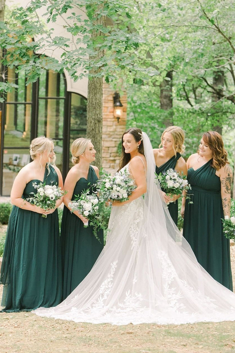 Load image into Gallery viewer, Dark Green Chiffon One Shoulder A-Line Long Bridesmaid Dress