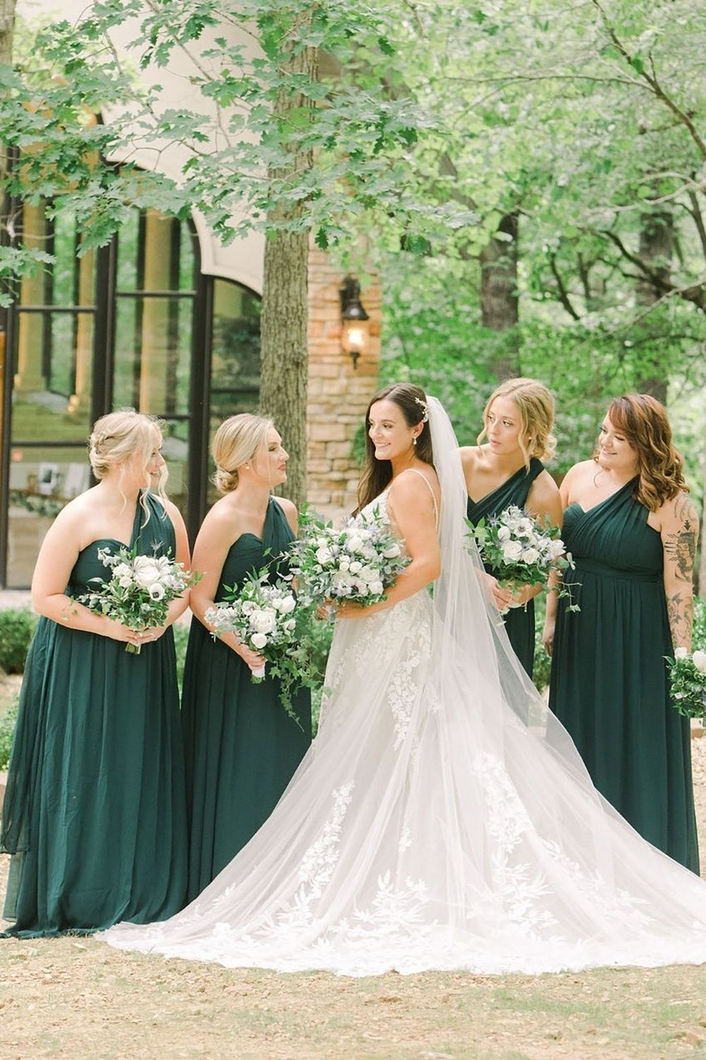 Dark Green Chiffon One Shoulder A-Line Long Bridesmaid Dress