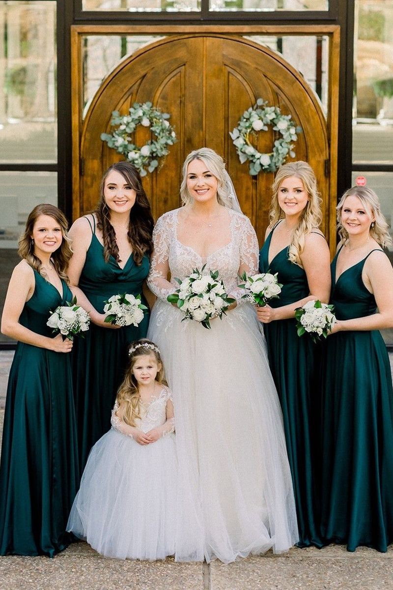 Load image into Gallery viewer, Spaghetti Straps A-Line Dark Green Chiffon Long Bridesmaid Dress