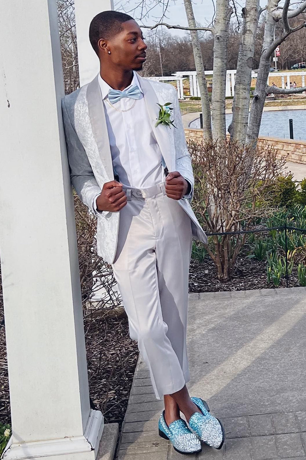 Shawl Lapel White Jacquard 2 Piece Men's Prom Suits