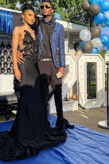 Peak Lapel Jacquard Royal Blue Single Breasted Men's Prom Blazer