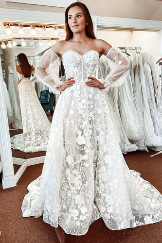 Ivory Lace A-Line Detachable Long Sleeves Corset Long Wedding Dress