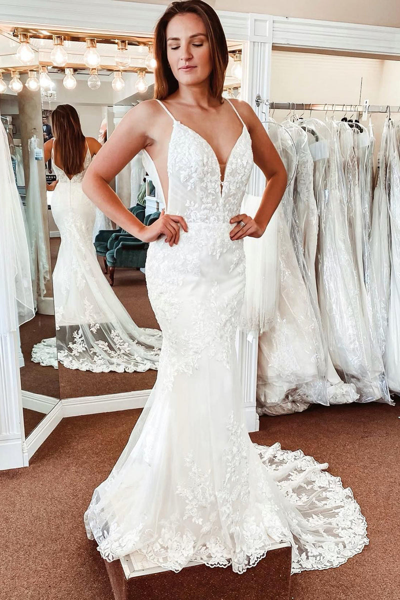 Load image into Gallery viewer, White Lace Mermaid Backless Long Wedding Dress