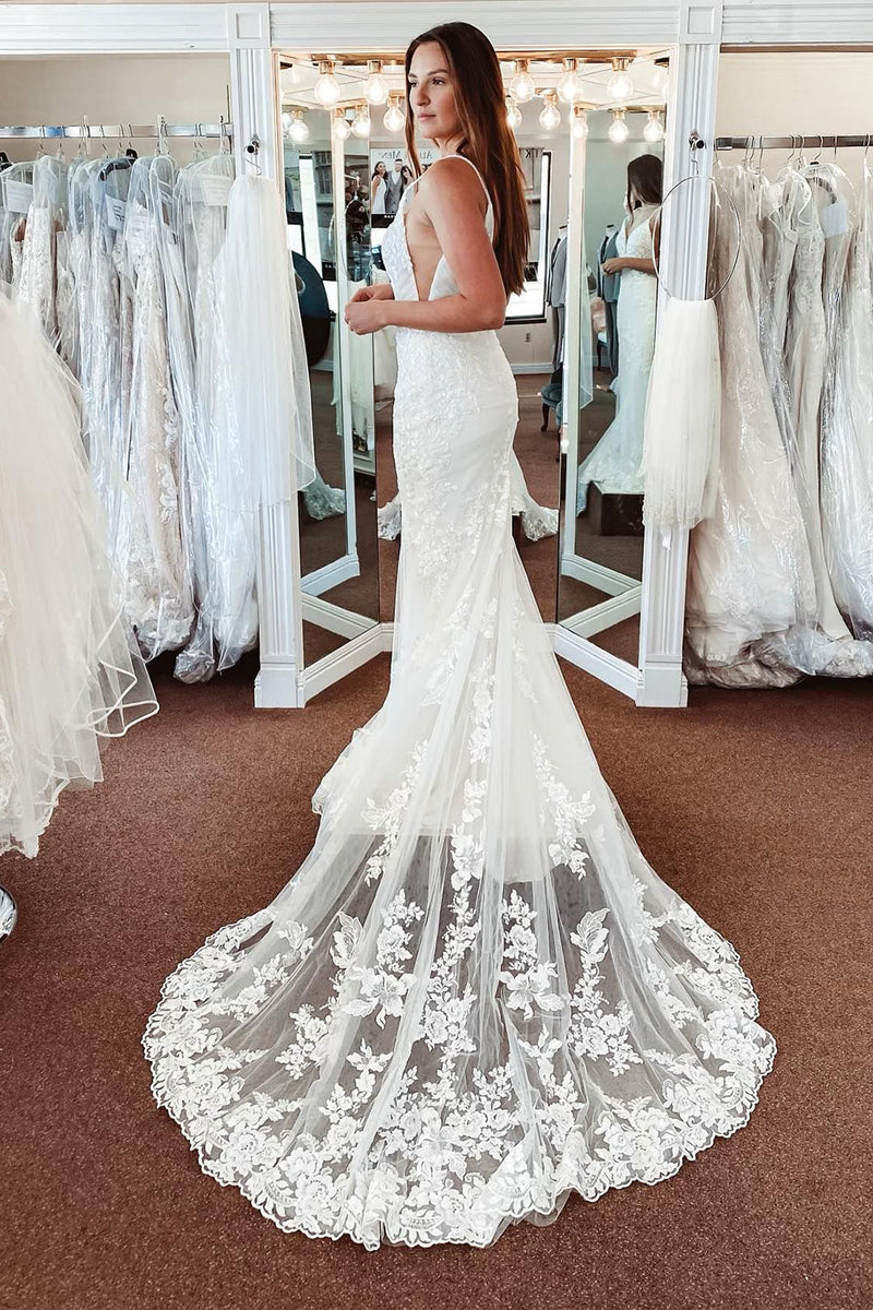 Load image into Gallery viewer, White Lace Mermaid Backless Long Wedding Dress