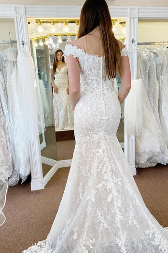 Ivory Off the Shoulder Long Lace Mermaid Wedding Dress
