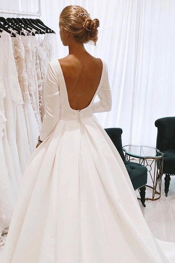 White Vintage Bateau Long A-Line Wedding Dress with Sleeves
