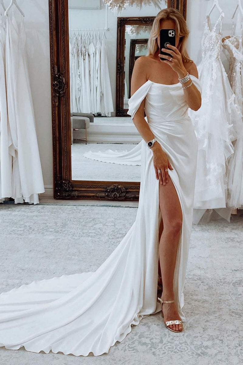 Load image into Gallery viewer, Simple White Long Boho Mermaid Wedding Dress with Slit