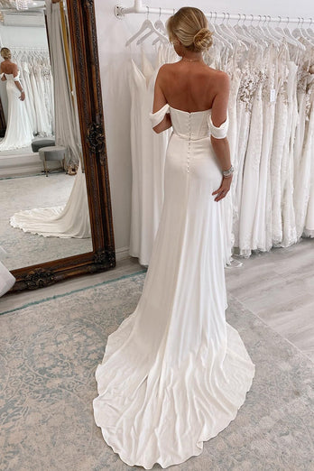 Simple White Long Boho Mermaid Wedding Dress with Slit