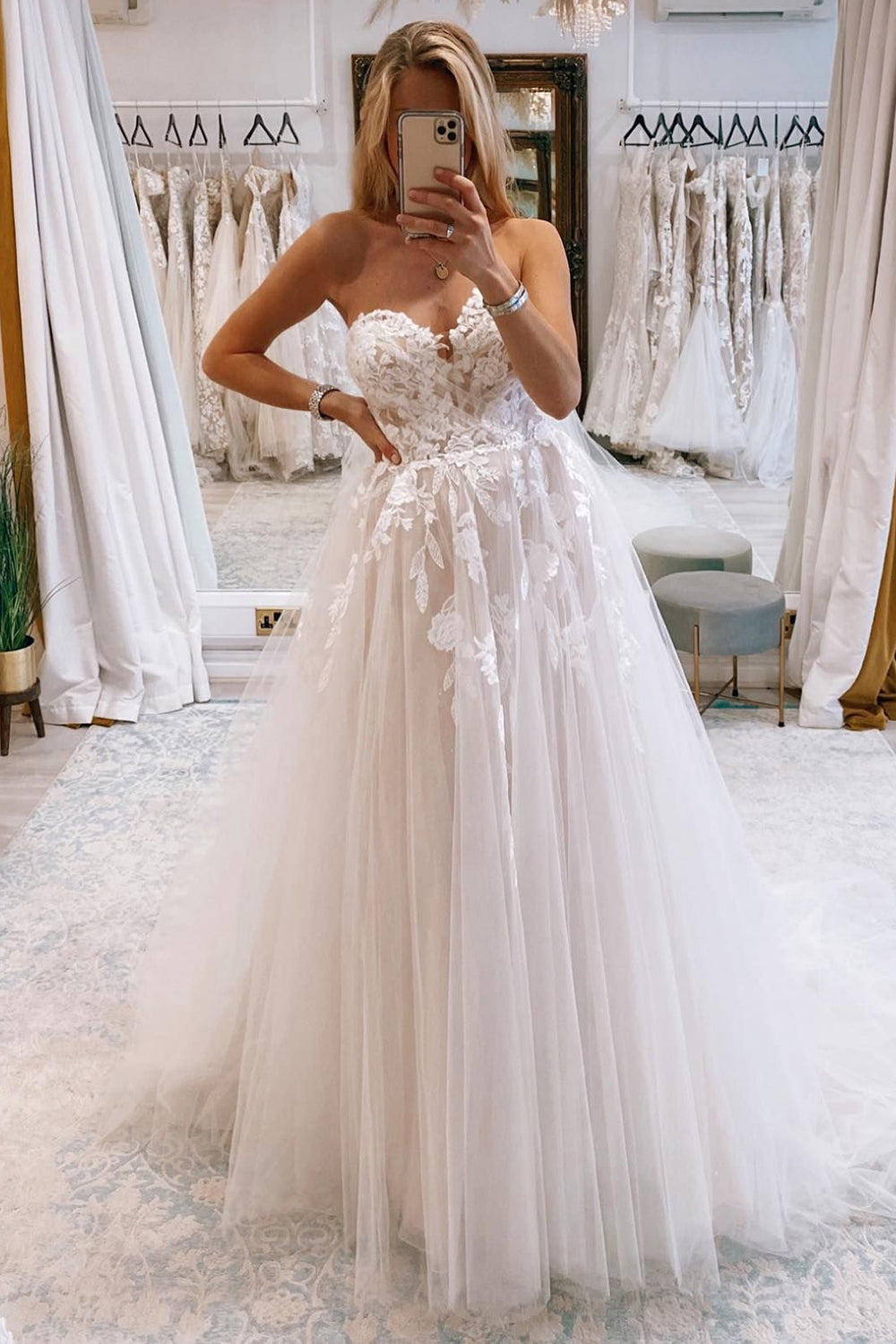 Ivory Long Tulle A-Line Wedding Dress with Lace