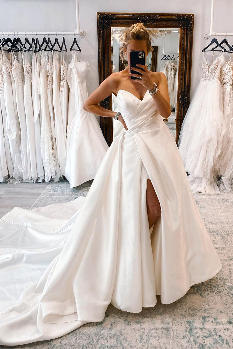 Load image into Gallery viewer, White Satin Long A-Line Wedding Dress with Slit