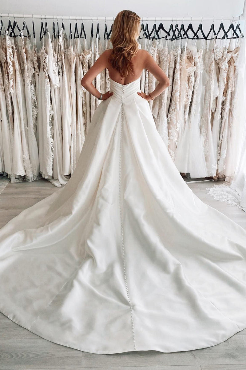 Load image into Gallery viewer, White Satin Long A-Line Wedding Dress with Slit