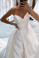 Load image into Gallery viewer, White Satin Long A-Line Wedding Dress with Slit