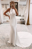 Load image into Gallery viewer, Simple White Halter Open Back Long Wedding Dress