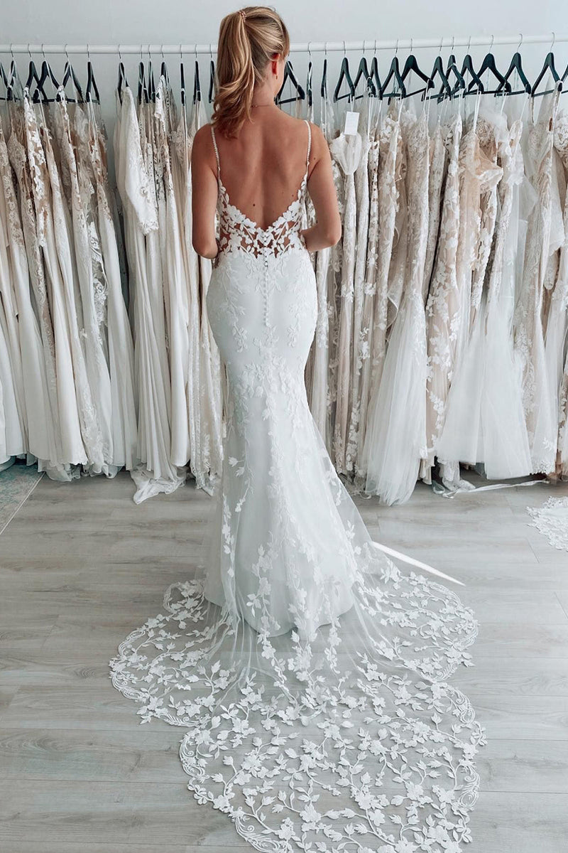 Load image into Gallery viewer, White Spaghetti Straps Backless Long Wedding Dress with Lace