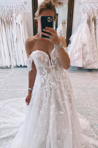 Ivory Off the Shoulder Long Lace Mermaid Wedding Dress with Appliques