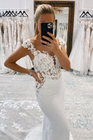 Load image into Gallery viewer, White Mermaid Deep V-Neck Cap Sleeves Long Wedding Dress with Lace