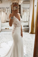 Load image into Gallery viewer, Mermaid White Deep V-Neck Long Wedding Dress with Lace